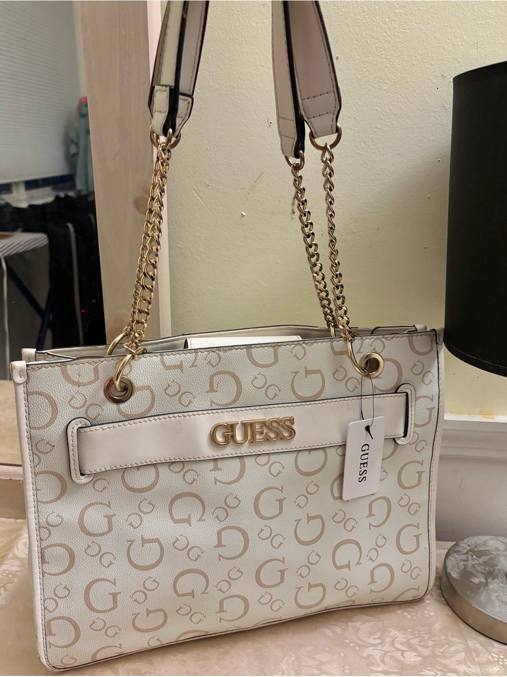 GUESS Cream Logo Chain Shoulder Tote with Gold Hardware 10 by 9 inches